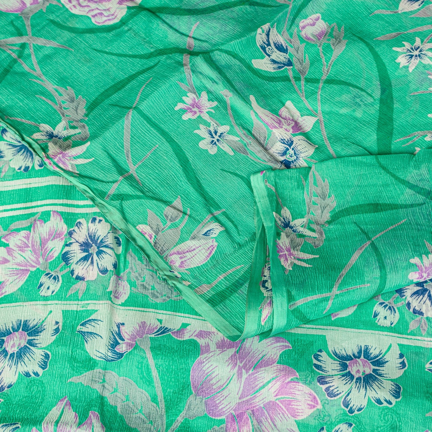 Sanskriti Vintage Green Sari Soft Pure Chiffon Silk Floral Print Saree 6YD Craft