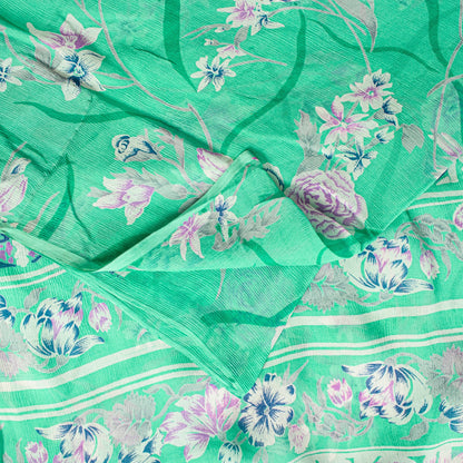 Sanskriti Vintage Green Sari Soft Pure Chiffon Silk Floral Print Saree 6YD Craft