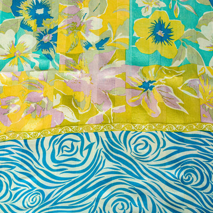 Sanskriti Vintage Yellow-Blue Sari Soft Pure Silk Floral Printed Saree 5.5Yard