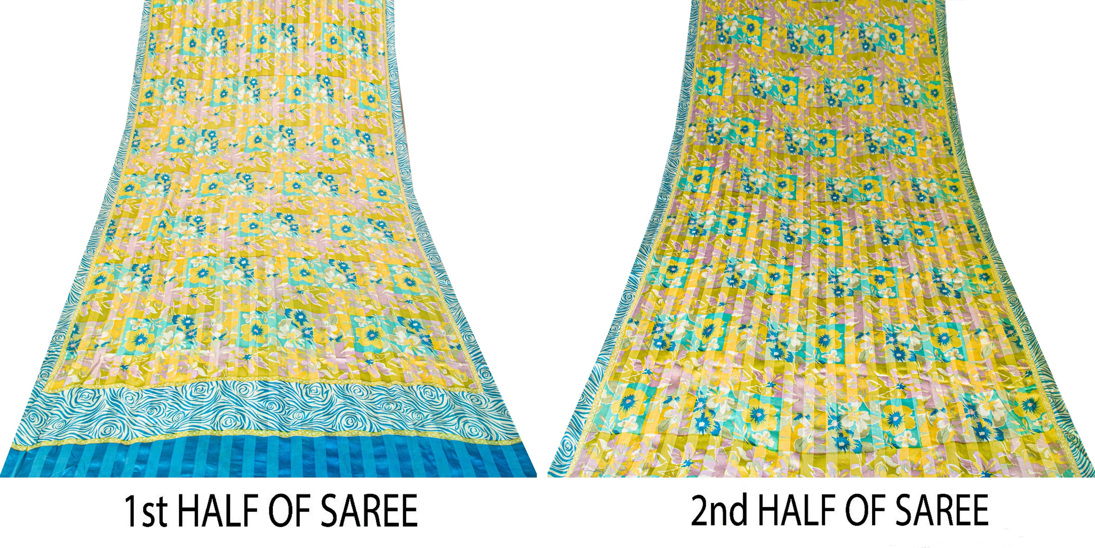 Sanskriti Vintage Yellow-Blue Sari Soft Pure Silk Floral Printed Saree 5.5Yard