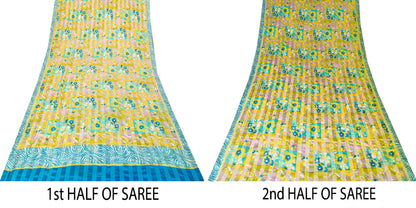 Sanskriti Vintage Yellow-Blue Sari Soft Pure Silk Floral Printed Saree 5.5Yard