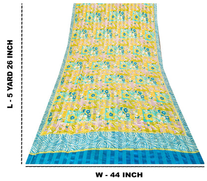 Sanskriti Vintage Yellow-Blue Sari Soft Pure Silk Floral Printed Saree 5.5Yard