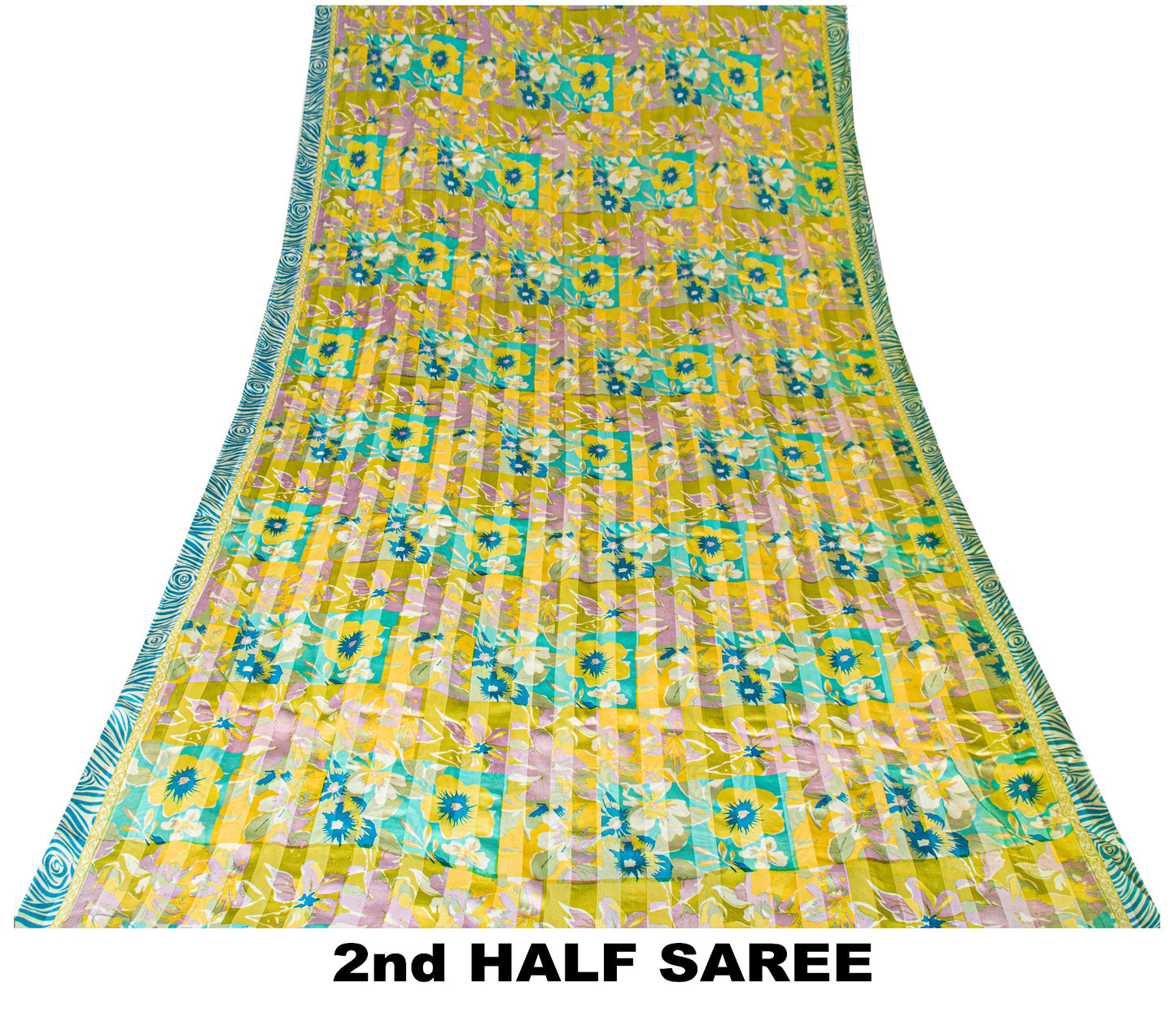 Sanskriti Vintage Yellow-Blue Sari Soft Pure Silk Floral Printed Saree 5.5Yard