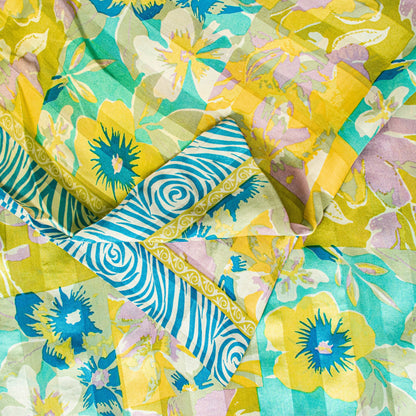 Sanskriti Vintage Yellow-Blue Sari Soft Pure Silk Floral Printed Saree 5.5Yard