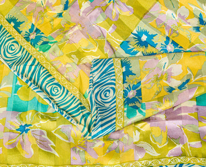 Sanskriti Vintage Yellow-Blue Sari Soft Pure Silk Floral Printed Saree 5.5Yard