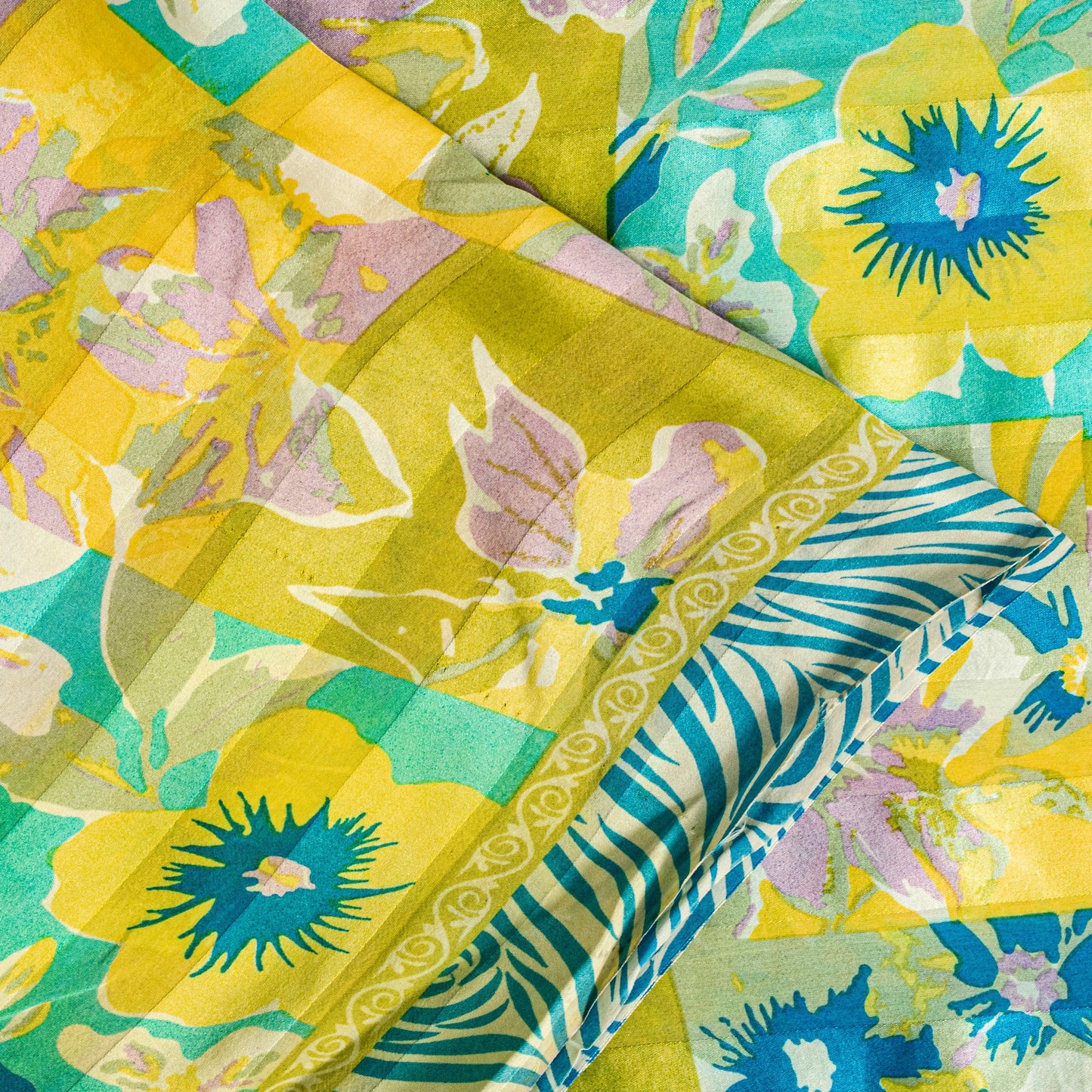 Sanskriti Vintage Yellow-Blue Sari Soft Pure Silk Floral Printed Saree 5.5Yard