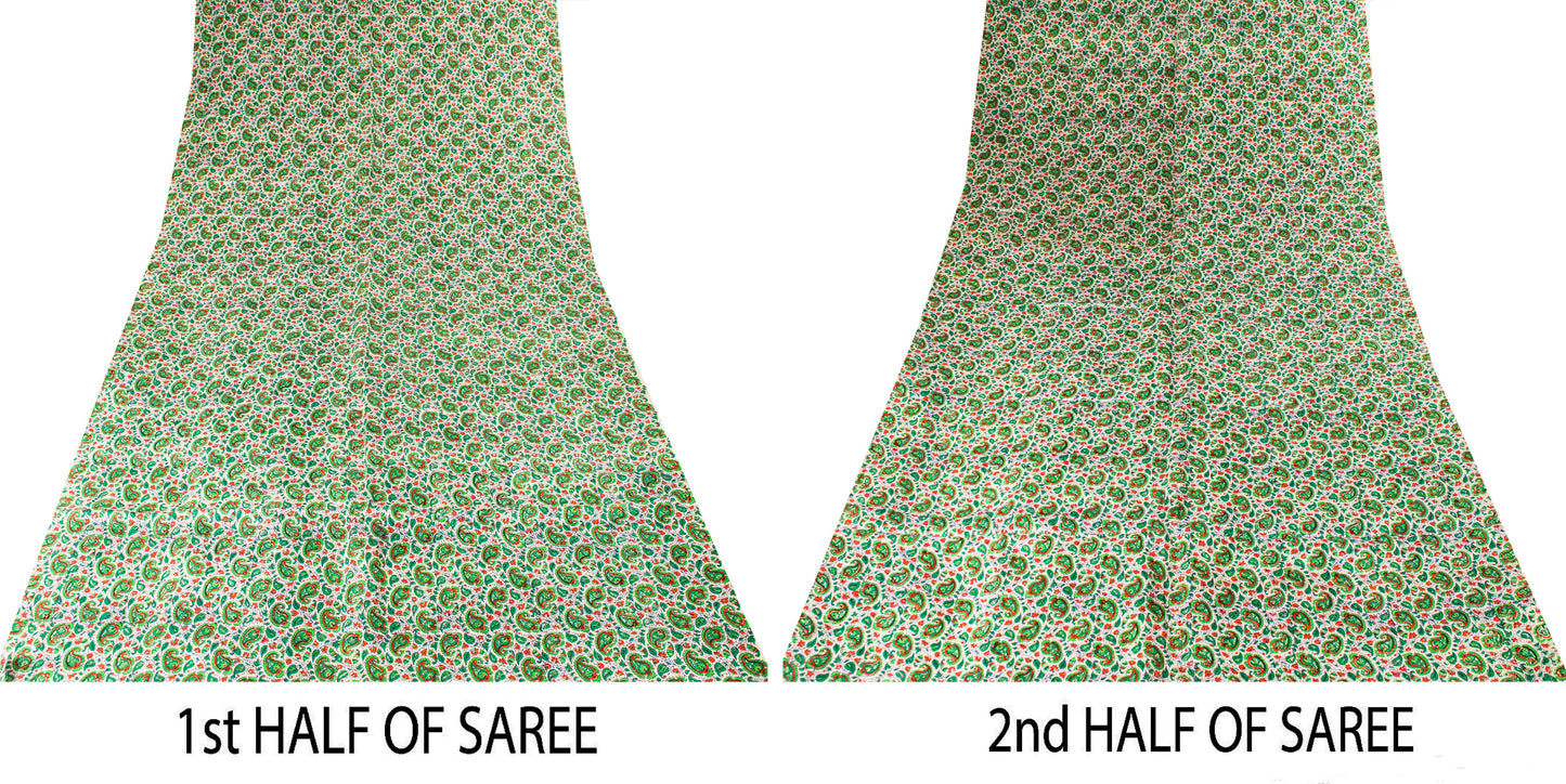 Sanskriti Vintage Green Sari Soft Pure Silk Sanganeri Handblock Print Saree 5.5Y