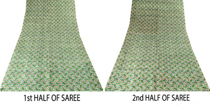 Sanskriti Vintage Green Sari Soft Pure Silk Sanganeri Handblock Print Saree 5.5Y