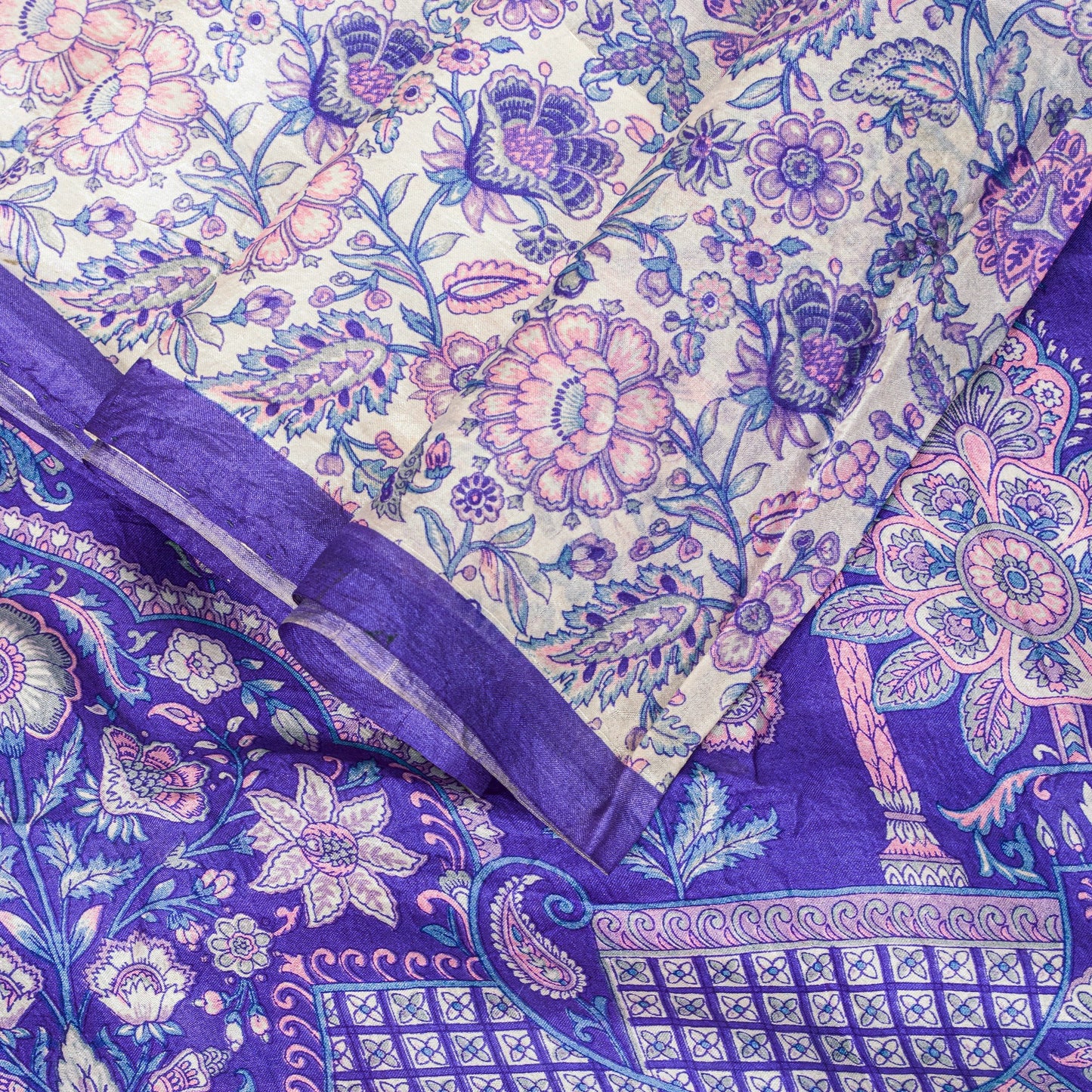 Sanskriti Vintage Soft Sari White-Blue Pure Silk Kalamkari DigitalPrint Saree 6Y
