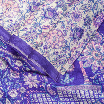 Sanskriti Vintage Soft Sari White-Blue Pure Silk Kalamkari DigitalPrint Saree 6Y