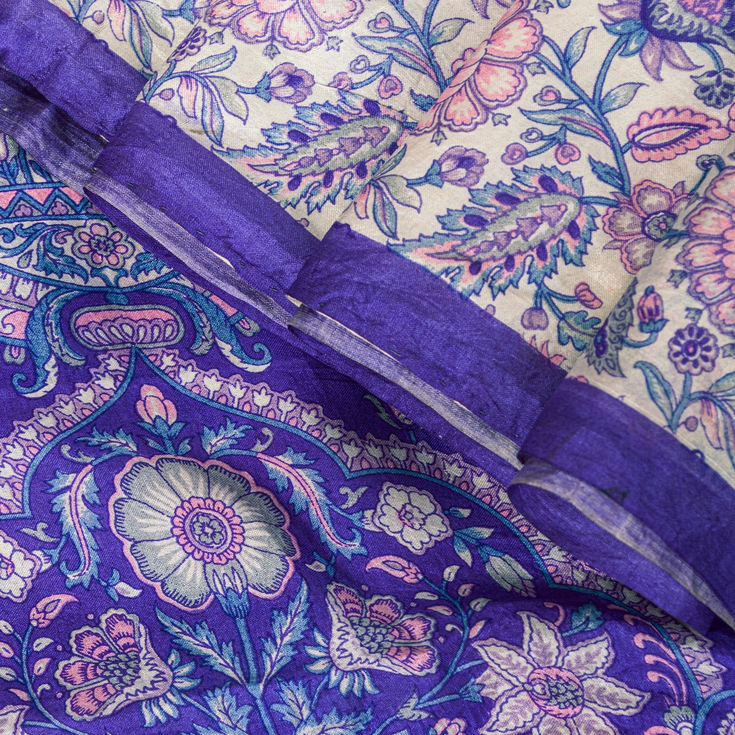 Sanskriti Vintage Soft Sari White-Blue Pure Silk Kalamkari DigitalPrint Saree 6Y