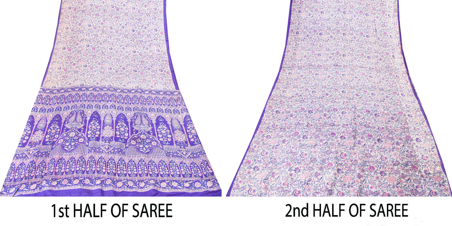 Sanskriti Vintage Soft Sari White-Blue Pure Silk Kalamkari DigitalPrint Saree 6Y