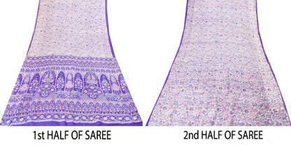 Sanskriti Vintage Soft Sari White-Blue Pure Silk Kalamkari DigitalPrint Saree 6Y