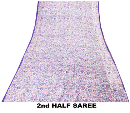 Sanskriti Vintage Soft Sari White-Blue Pure Silk Kalamkari DigitalPrint Saree 6Y