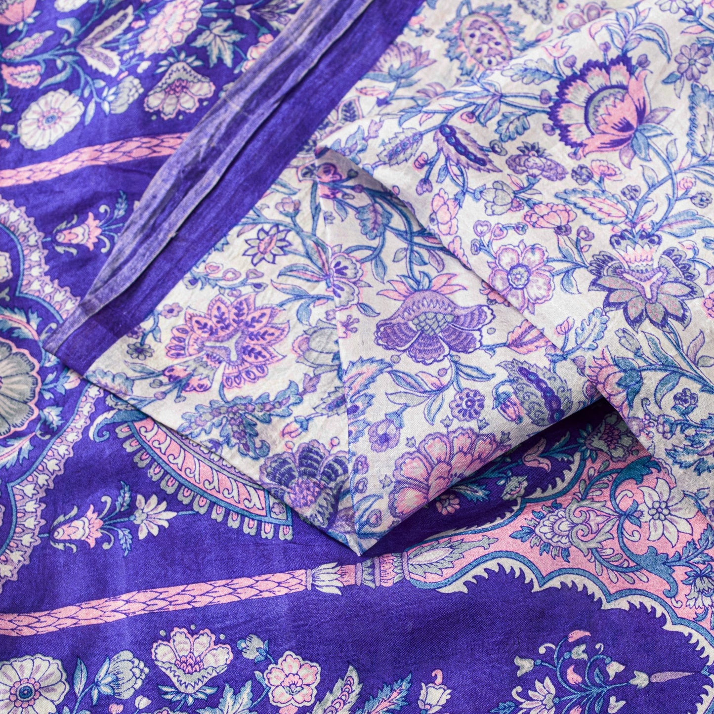 Sanskriti Vintage Soft Sari White-Blue Pure Silk Kalamkari DigitalPrint Saree 6Y