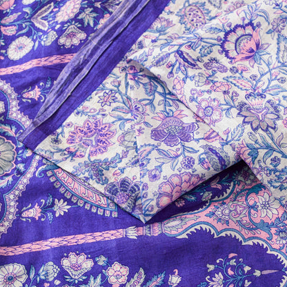 Sanskriti Vintage Soft Sari White-Blue Pure Silk Kalamkari DigitalPrint Saree 6Y