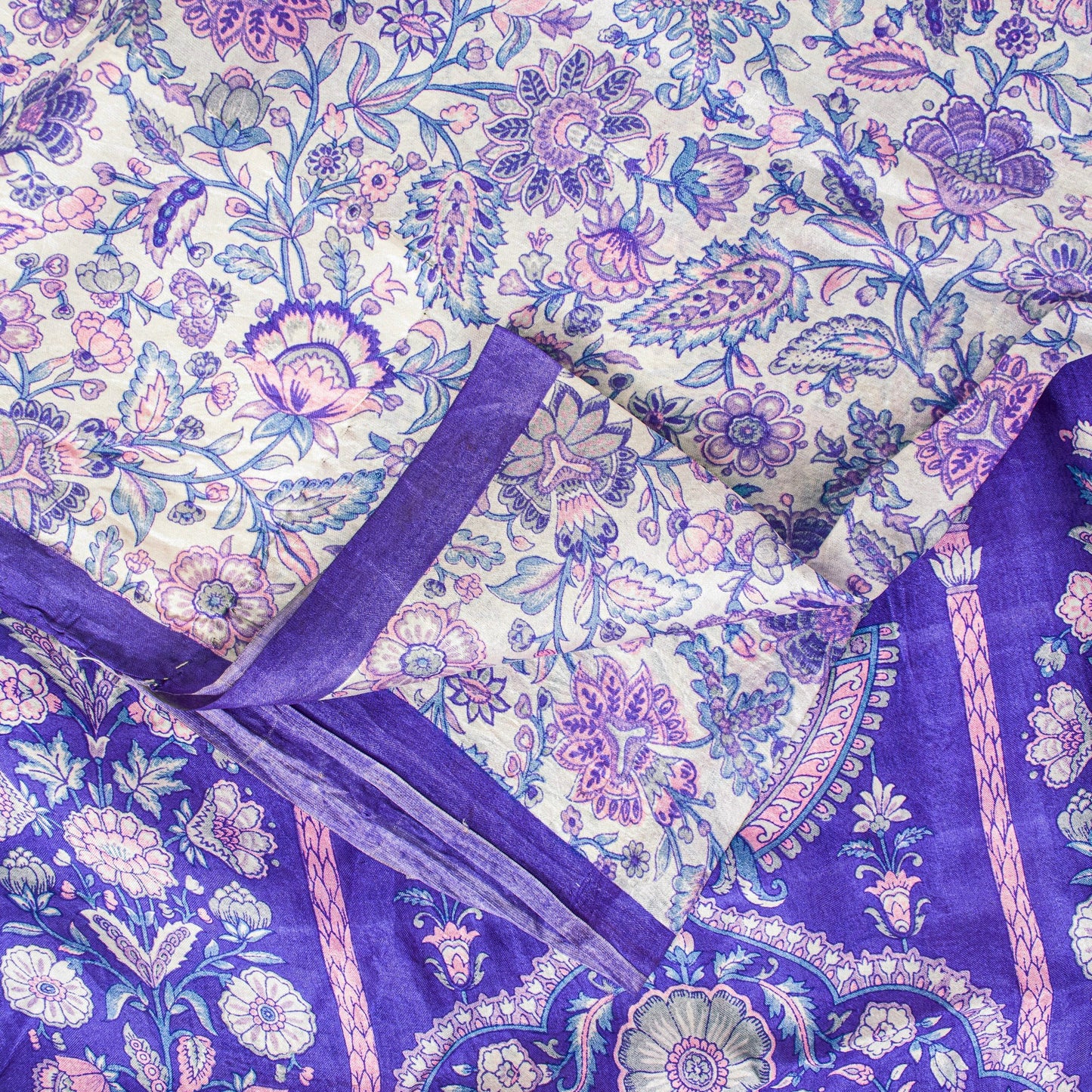 Sanskriti Vintage Soft Sari White-Blue Pure Silk Kalamkari DigitalPrint Saree 6Y