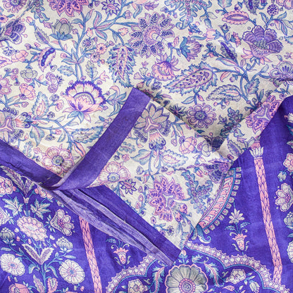 Sanskriti Vintage Soft Sari White-Blue Pure Silk Kalamkari DigitalPrint Saree 6Y