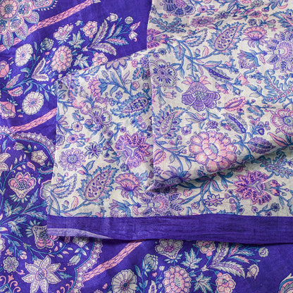 Sanskriti Vintage Soft Sari White-Blue Pure Silk Kalamkari DigitalPrint Saree 6Y