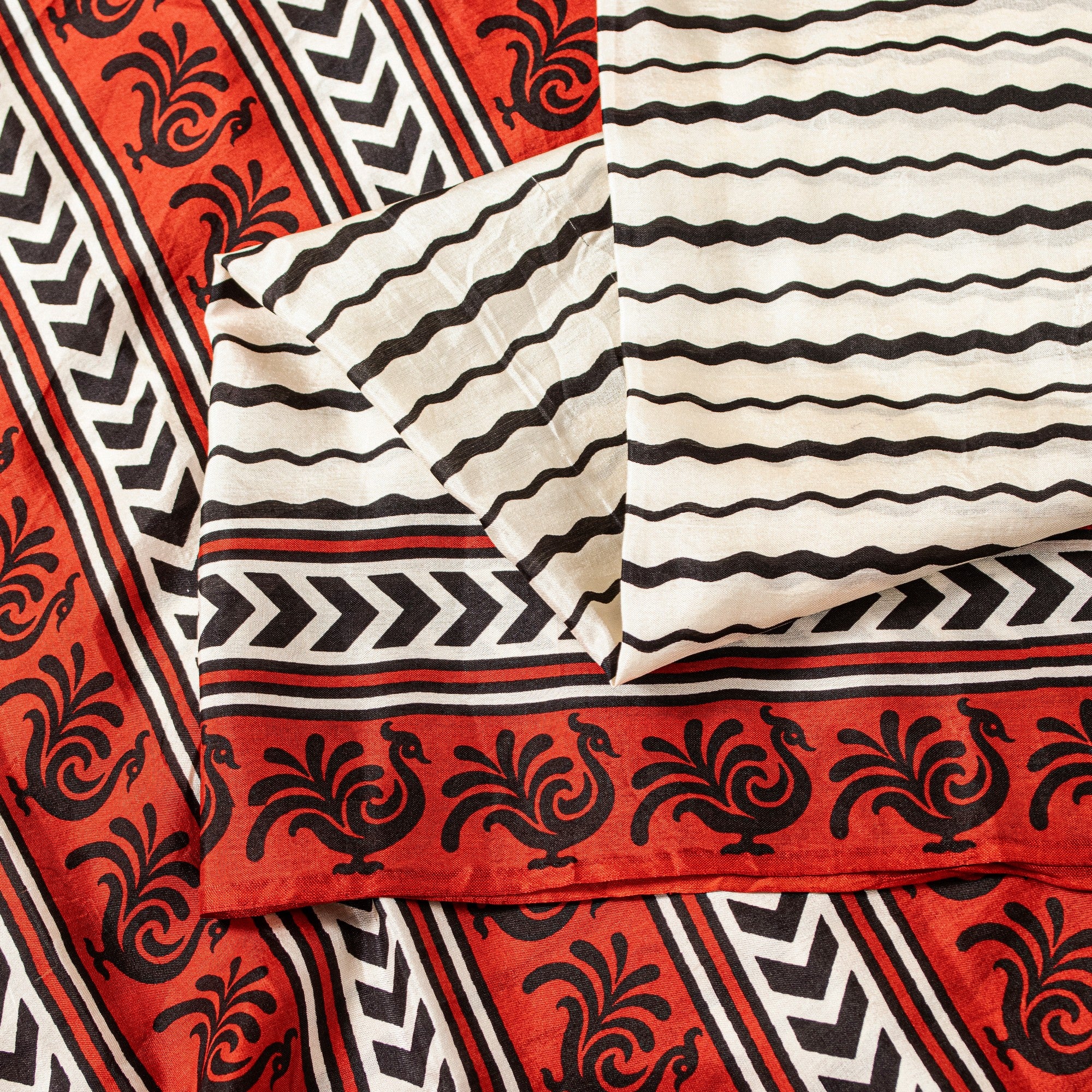 Sanskriti Vintage White-Red Sari Soft Pure Silk Leheria-Digital Print Saree 5.5Y