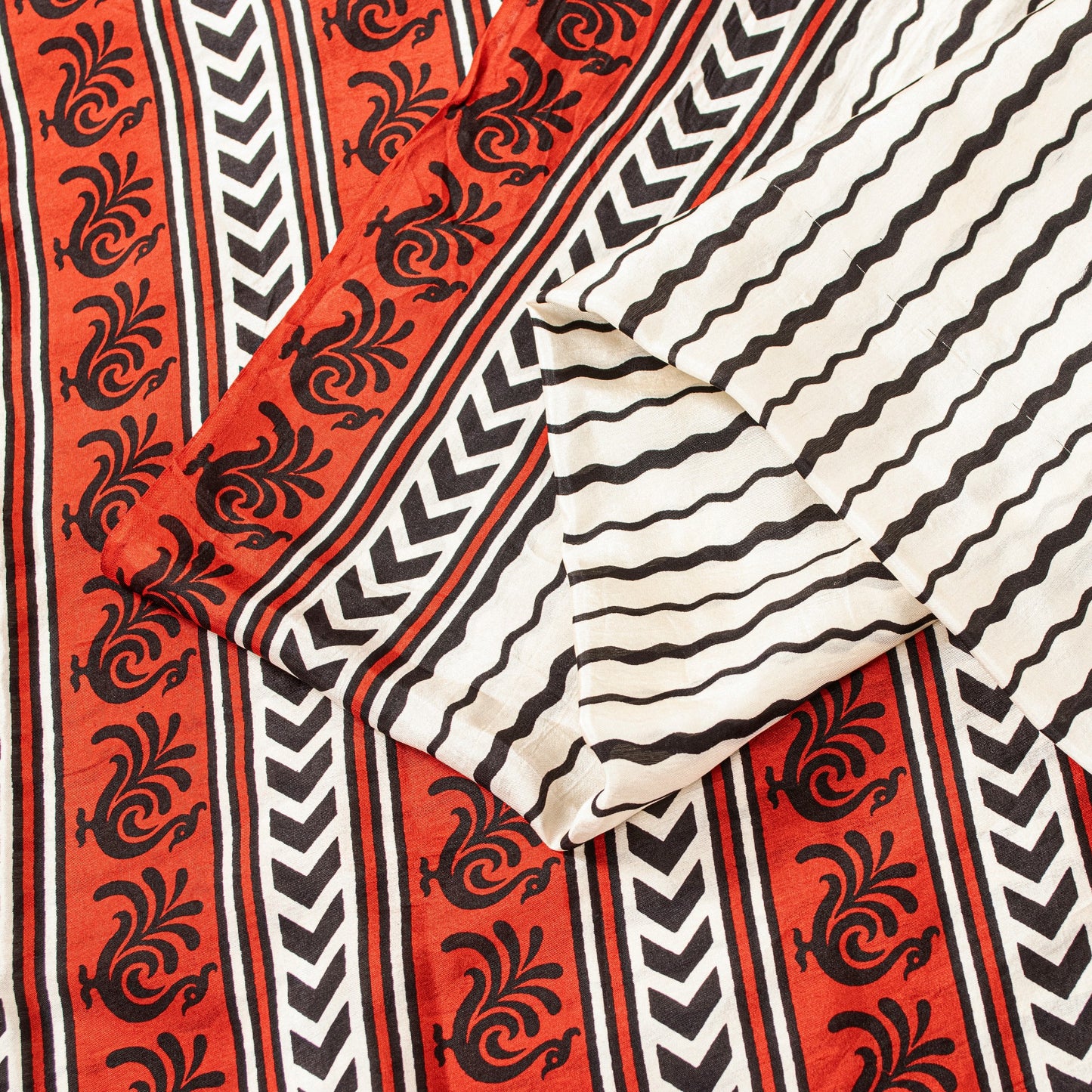 Sanskriti Vintage White-Red Sari Soft Pure Silk Leheria-Digital Print Saree 5.5Y
