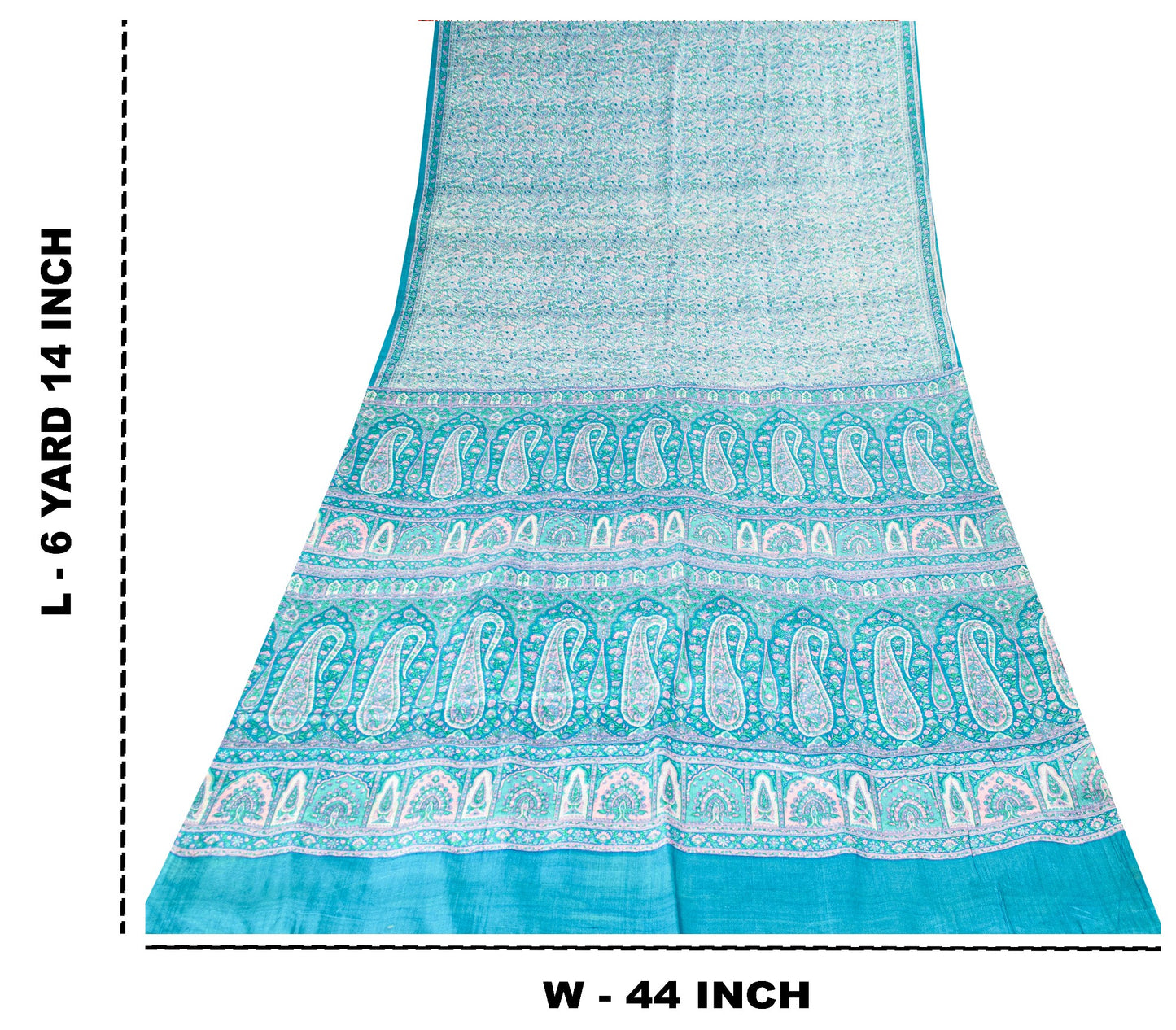 Sanskriti Vintage Sari Soft Blue Pure Silk Hand Block Print Paisley Saree 5.5Yd