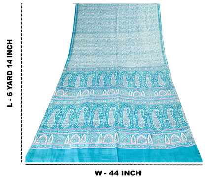 Sanskriti Vintage Sari Soft Blue Pure Silk Hand Block Print Paisley Saree 5.5Yd
