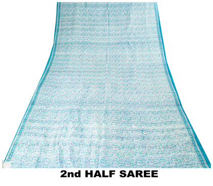 Sanskriti Vintage Sari Soft Blue Pure Silk Hand Block Print Paisley Saree 5.5Yd