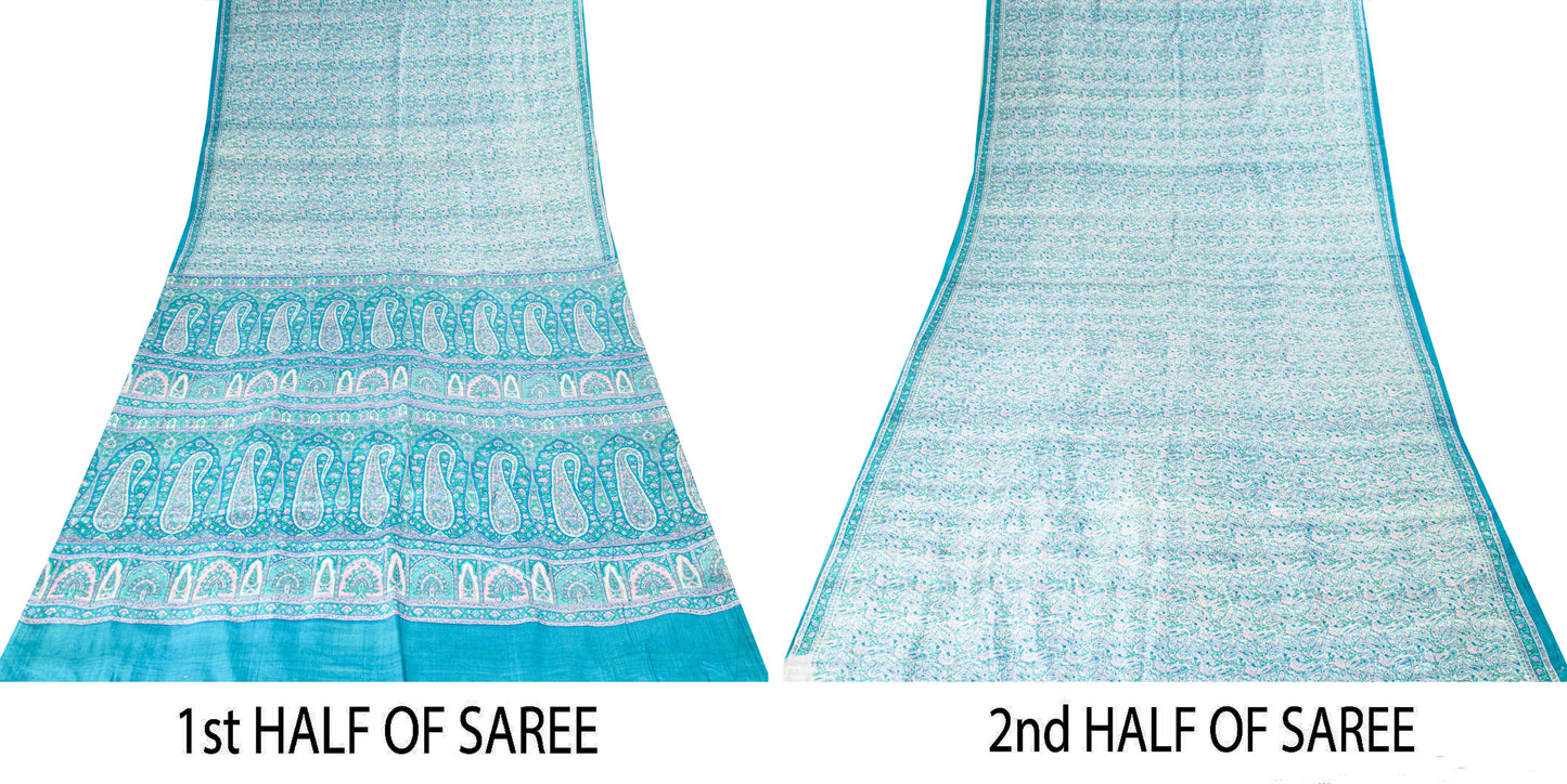 Sanskriti Vintage Sari Soft Blue Pure Silk Hand Block Print Paisley Saree 5.5Yd