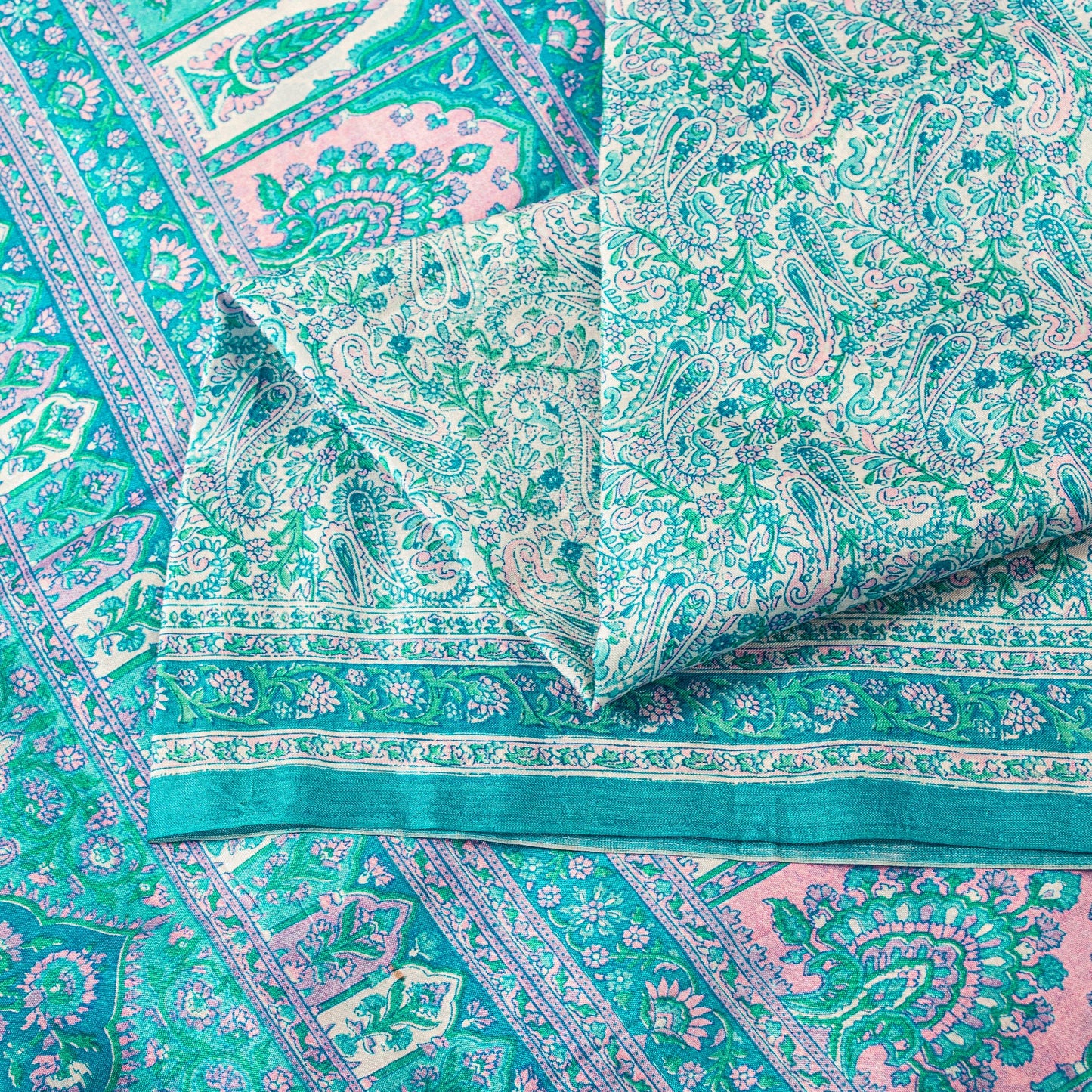 Sanskriti Vintage Sari Soft Blue Pure Silk Hand Block Print Paisley Saree 5.5Yd
