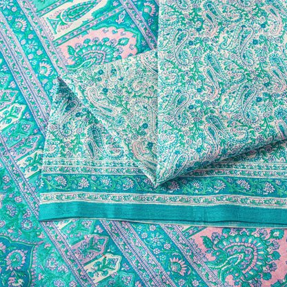 Sanskriti Vintage Sari Soft Blue Pure Silk Hand Block Print Paisley Saree 5.5Yd