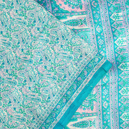 Sanskriti Vintage Sari Soft Blue Pure Silk Hand Block Print Paisley Saree 5.5Yd