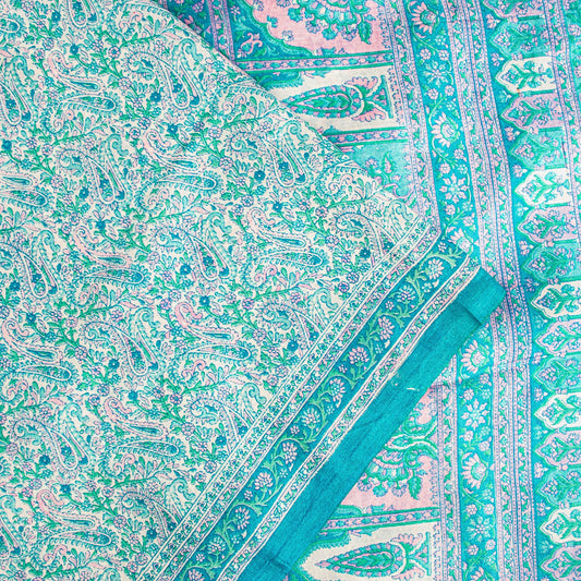 Sanskriti Vintage Sari Soft Blue Pure Silk Hand Block Print Paisley Saree 5.5Yd