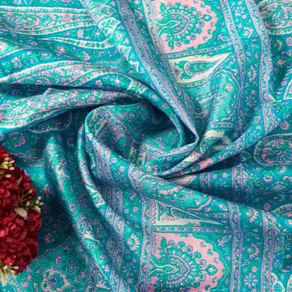 Sanskriti Vintage Sari Soft Blue Pure Silk Hand Block Print Paisley Saree 5.5Yd