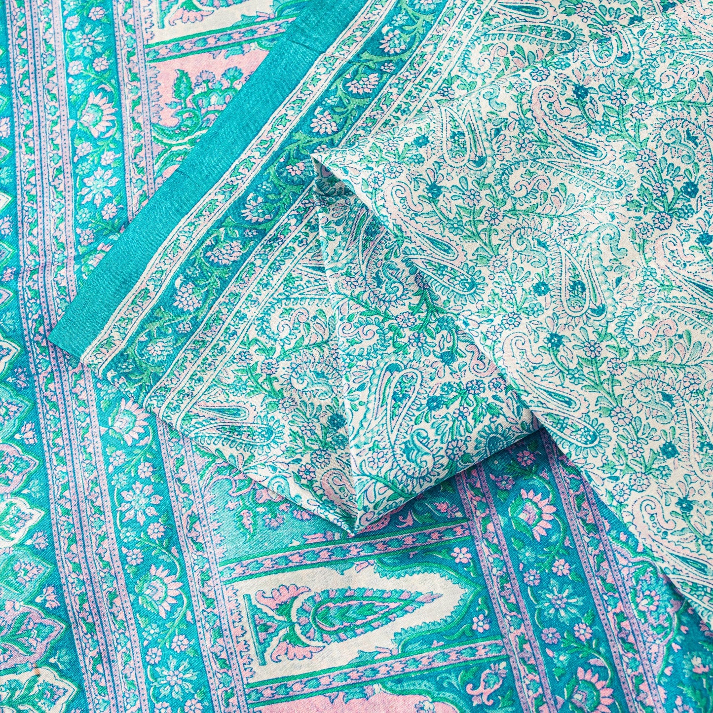 Sanskriti Vintage Sari Soft Blue Pure Silk Hand Block Print Paisley Saree 5.5Yd