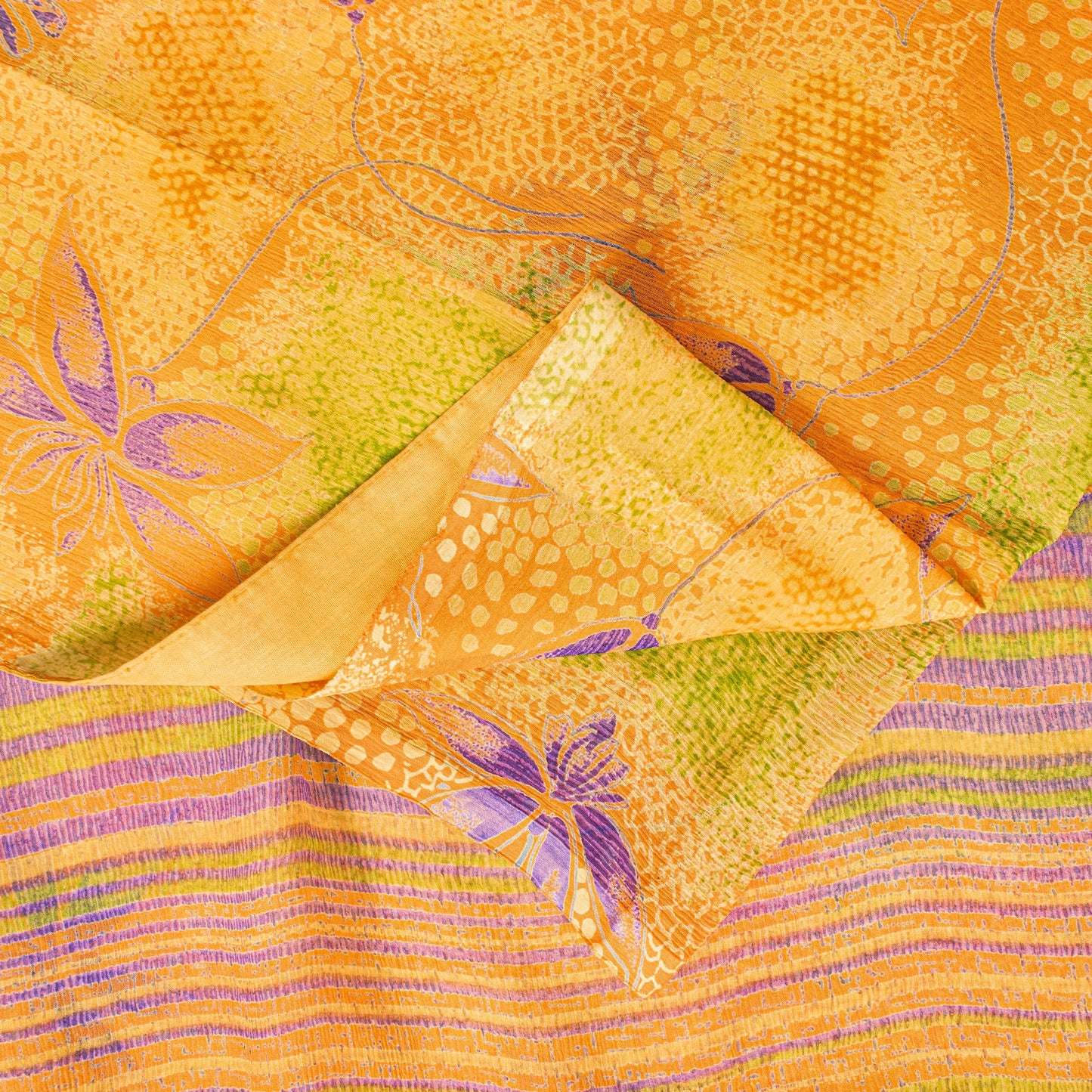 Sanskriti Vintage Sari Yellow 100% Pure Chiffon Silk Botonical Print Saree 5.5Yd