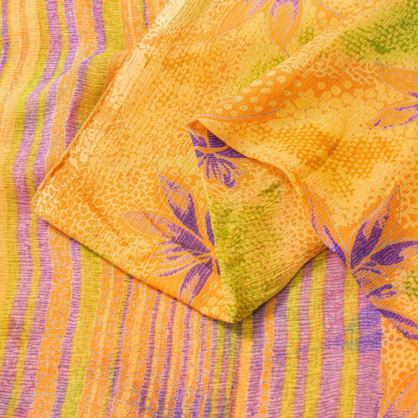 Sanskriti Vintage Sari Yellow 100% Pure Chiffon Silk Botonical Print Saree 5.5Yd