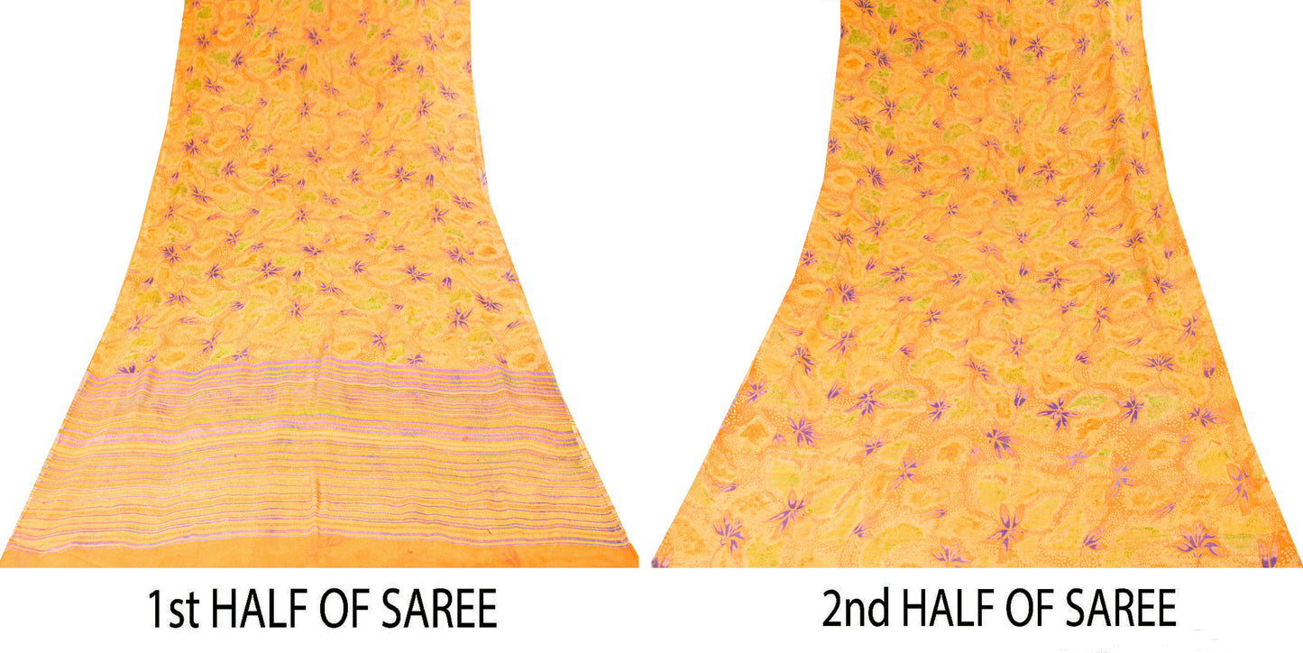 Sanskriti Vintage Sari Yellow 100% Pure Chiffon Silk Botonical Print Saree 5.5Yd