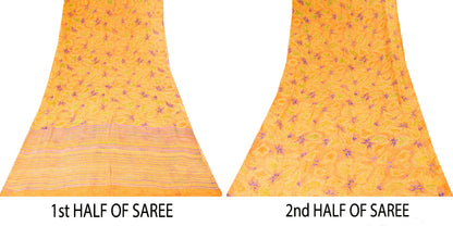 Sanskriti Vintage Sari Yellow 100% Pure Chiffon Silk Botonical Print Saree 5.5Yd