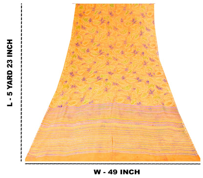 Sanskriti Vintage Sari Yellow 100% Pure Chiffon Silk Botonical Print Saree 5.5Yd