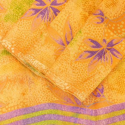 Sanskriti Vintage Sari Yellow 100% Pure Chiffon Silk Botonical Print Saree 5.5Yd