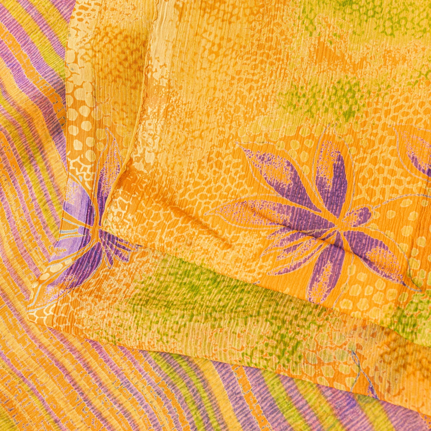 Sanskriti Vintage Sari Yellow 100% Pure Chiffon Silk Botonical Print Saree 5.5Yd