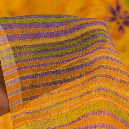 Sanskriti Vintage Sari Yellow 100% Pure Chiffon Silk Botonical Print Saree 5.5Yd
