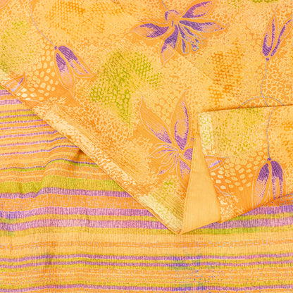 Sanskriti Vintage Sari Yellow 100% Pure Chiffon Silk Botonical Print Saree 5.5Yd