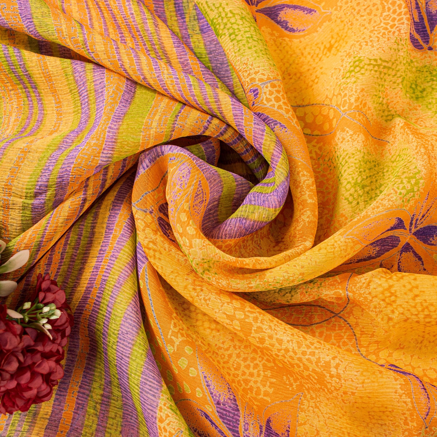 Sanskriti Vintage Sari Yellow 100% Pure Chiffon Silk Botonical Print Saree 5.5Yd
