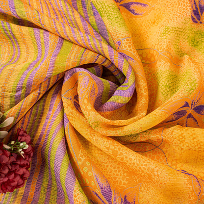 Sanskriti Vintage Sari Yellow 100% Pure Chiffon Silk Botonical Print Saree 5.5Yd