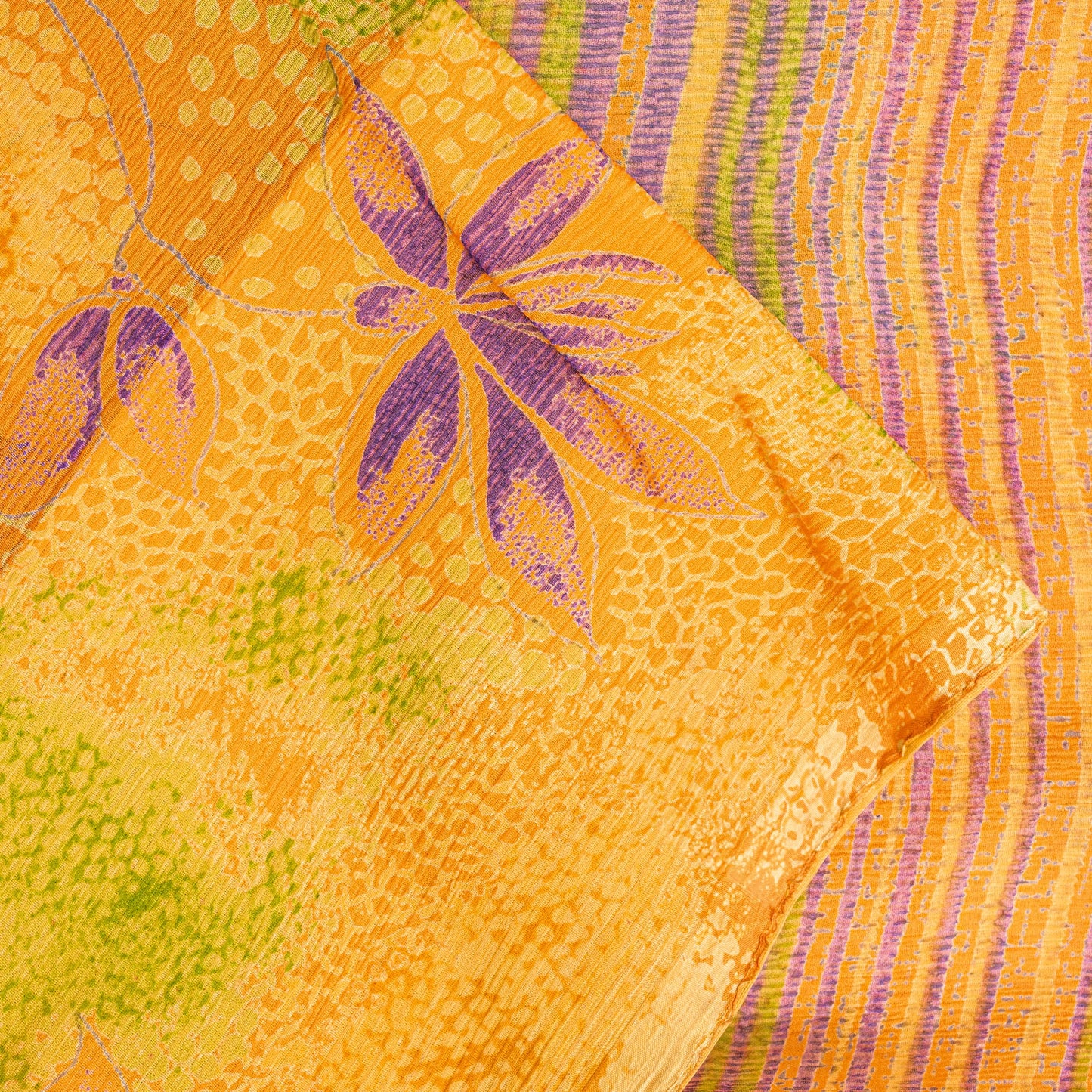 Sanskriti Vintage Sari Yellow 100% Pure Chiffon Silk Botonical Print Saree 5.5Yd