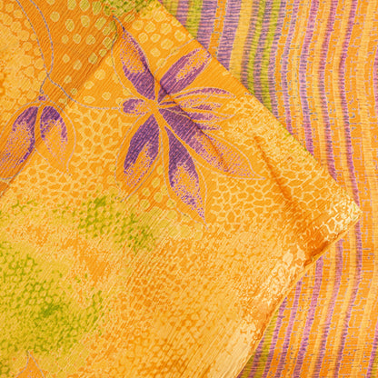 Sanskriti Vintage Sari Yellow 100% Pure Chiffon Silk Botonical Print Saree 5.5Yd