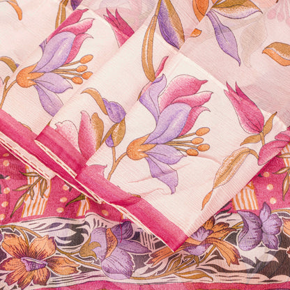 Sanskriti Vintage Sari Soft Pink Pure Chiffon Botonical Digital Print Saree 5.5Y