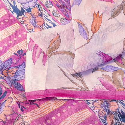 Sanskriti Vintage Sari Soft Pink Pure Chiffon Botonical Digital Print Saree 5.5Y
